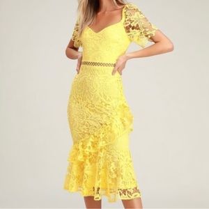 Lulus Briarwood Yellow Lace Midi Ruffle Dress